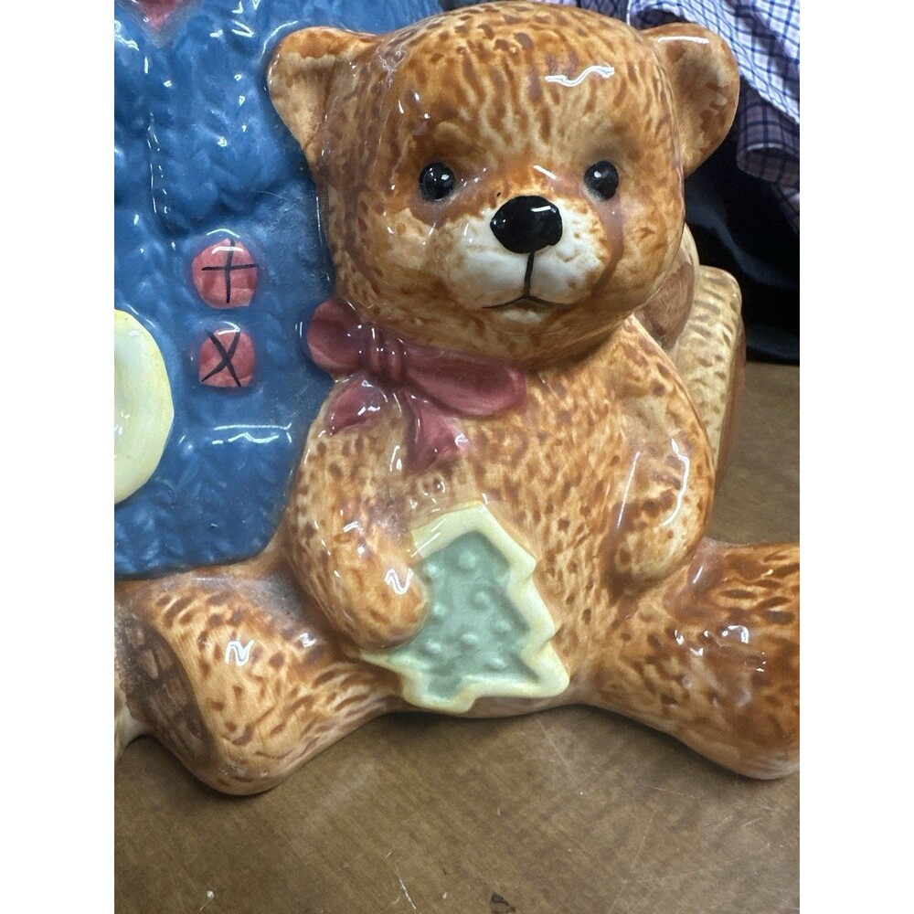 Vintage Cresco China Papa & Baby Bear Ceramic Cookie Jar Blue Sweater Retro - Picture 2 of 11